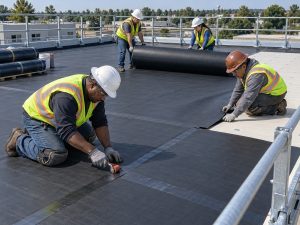 Roofing crew installing new TPO membrane on a commercial flat roof in Jeffersonville, IN